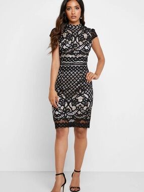 Quiz Black Lace Overlay Cap Sleeve Sheath Dress